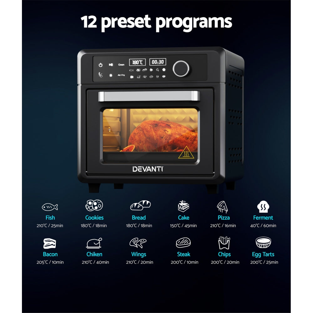 Devanti oven with 12 preset programs displayed on a dark background