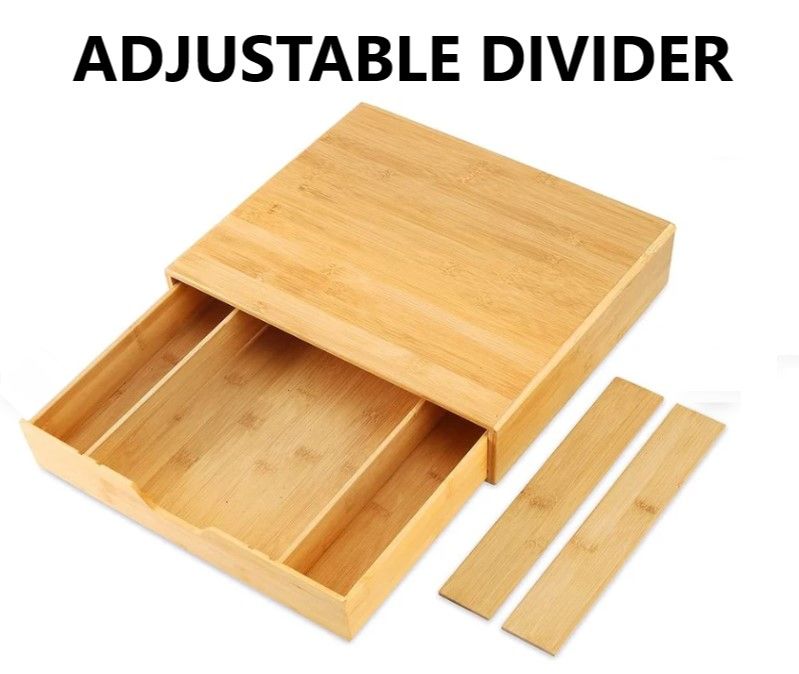 Bamboo drawer with dividers arranged in customized sections