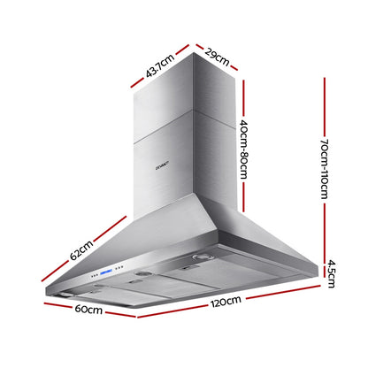 Adjustable stainless steel chimney ducts extend up to 1100mm for versatile kitchen installation.