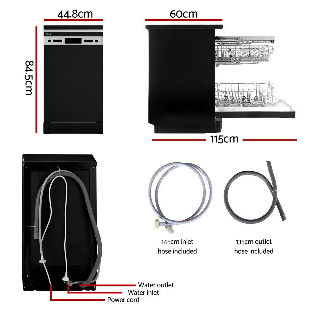 Dishwasher with dimensions and included hoses labeled on a white background