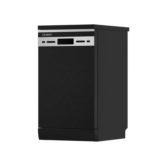 Black dishwasher with Devanti branding on a white background