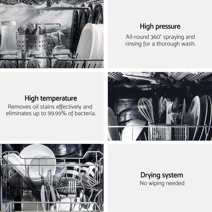 Dishwasher with text highlighting high pressure, high temperature, and drying system features.