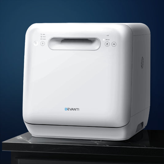 White Devanti air purifier on a dark surface with a blue gradient background