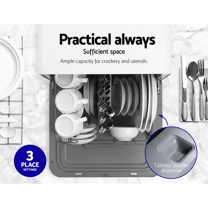 Dishwasher with crockery and utensils, highlighting ample space and tablet/powder dispenser.