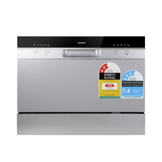 Stainless steel dishwasher with energy and water rating labels on a white background