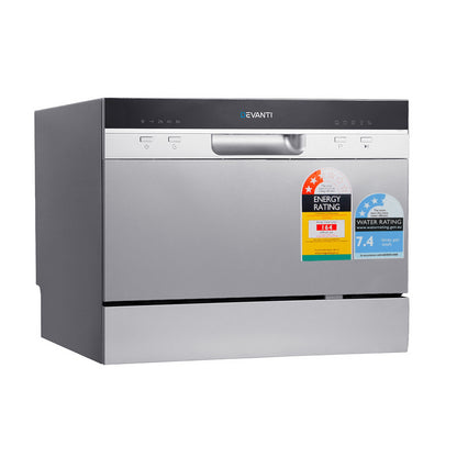 Stainless steel Evanti dishwasher with energy and water rating labels on a white background