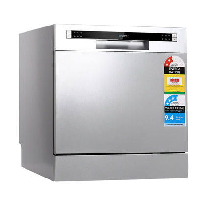 Stainless steel dishwasher with energy rating label on a white background