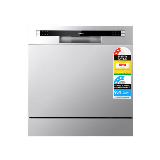 Stainless steel dishwasher with energy and water rating labels on a white background