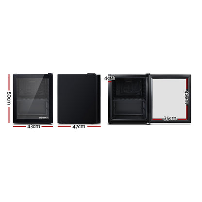 Three small refrigerators with dimensions labeled on a white background