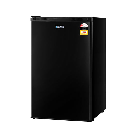 Black refrigerator with brand logos on a white background