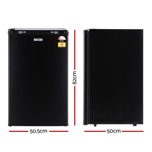 Black refrigerator with dimensions labeled on a white background