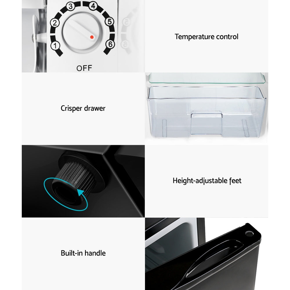 Collage of features including temperature control, crisper drawer, height-adjustable feet, and built-in handle on a kitchen appliance.