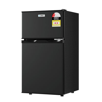 Black refrigerator with energy rating label on a white background