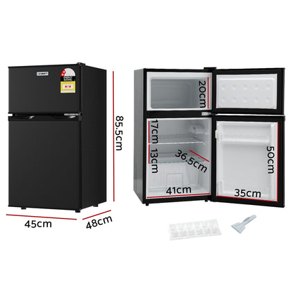 Black refrigerator with open door showing dimensions on a white background