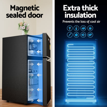 Small refrigerator with text highlighting magnetic sealed door and extra thick insulation.