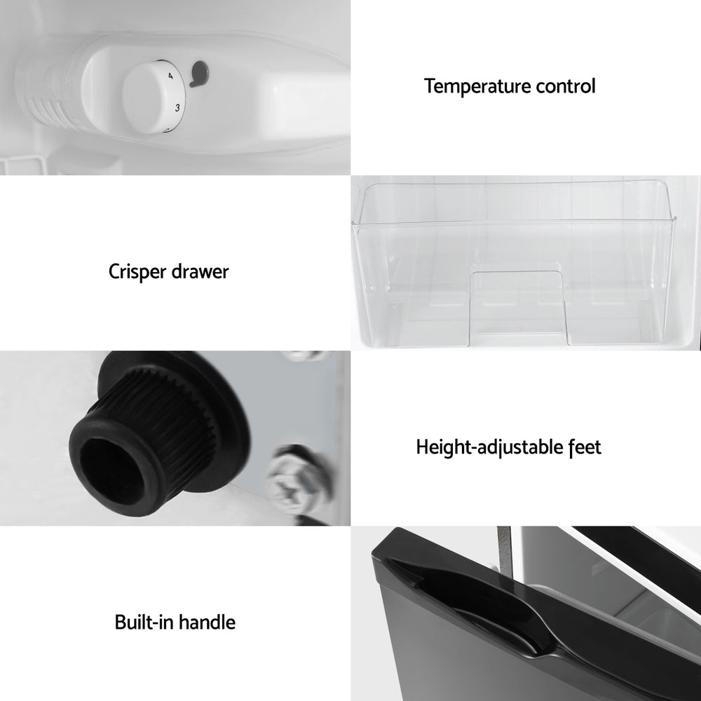 Collage of refrigerator features including temperature control, crisper drawer, height-adjustable feet, and built-in handle.