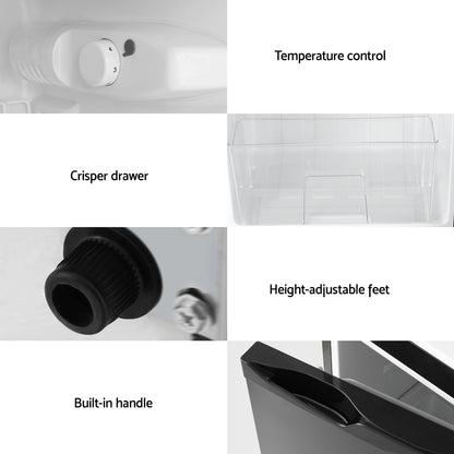 Collage of refrigerator features including temperature control, crisper drawer, height-adjustable feet, and built-in handle.