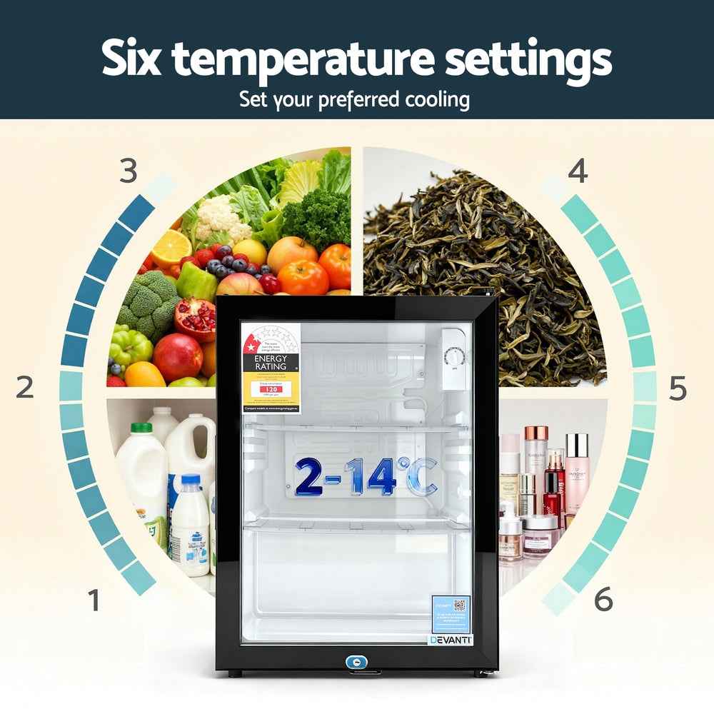 Devanti 56L Bar Fridge Glass Door Mini Fridge Countertop Cooler Black