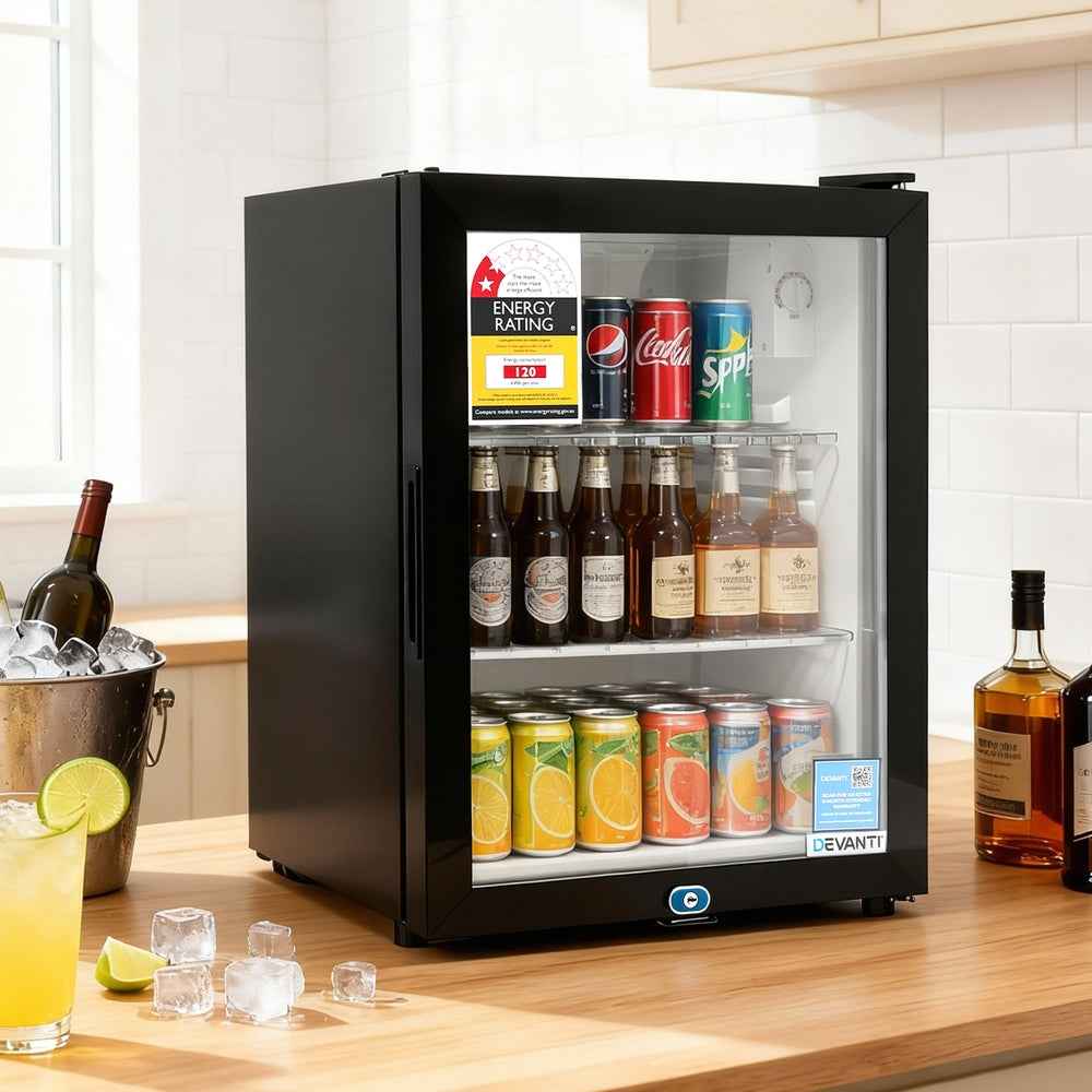 Devanti 56L Bar Fridge Glass Door Mini Fridge Countertop Cooler Black