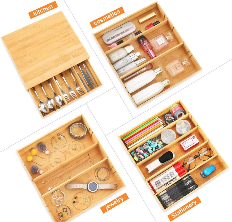 Bamboo drawer used to store jewelry and cosmetics