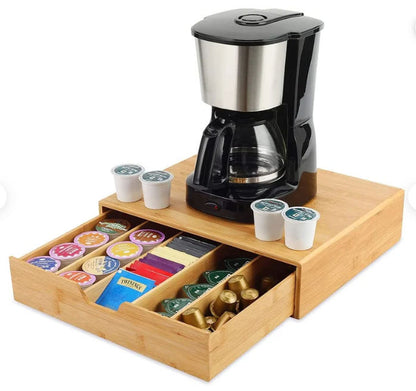 Bamboo K-Cup coffee pod holder with adjustable drawer closed