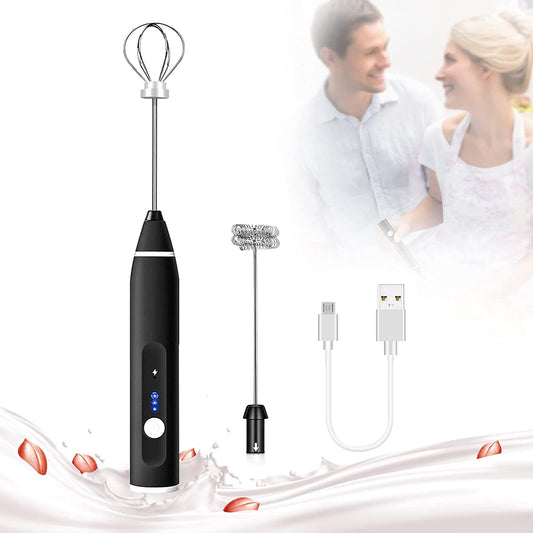 Rechargeable 3-speed milk frother shown with stainless steel whisk attached, ideal for lattes and cappuccinos.
