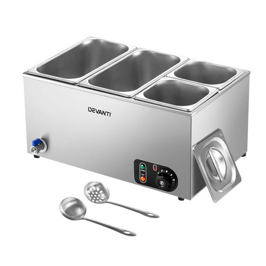 Stainless steel hot food display with three compartments and control panel on a white background, featuring the brand 'Devanti'.