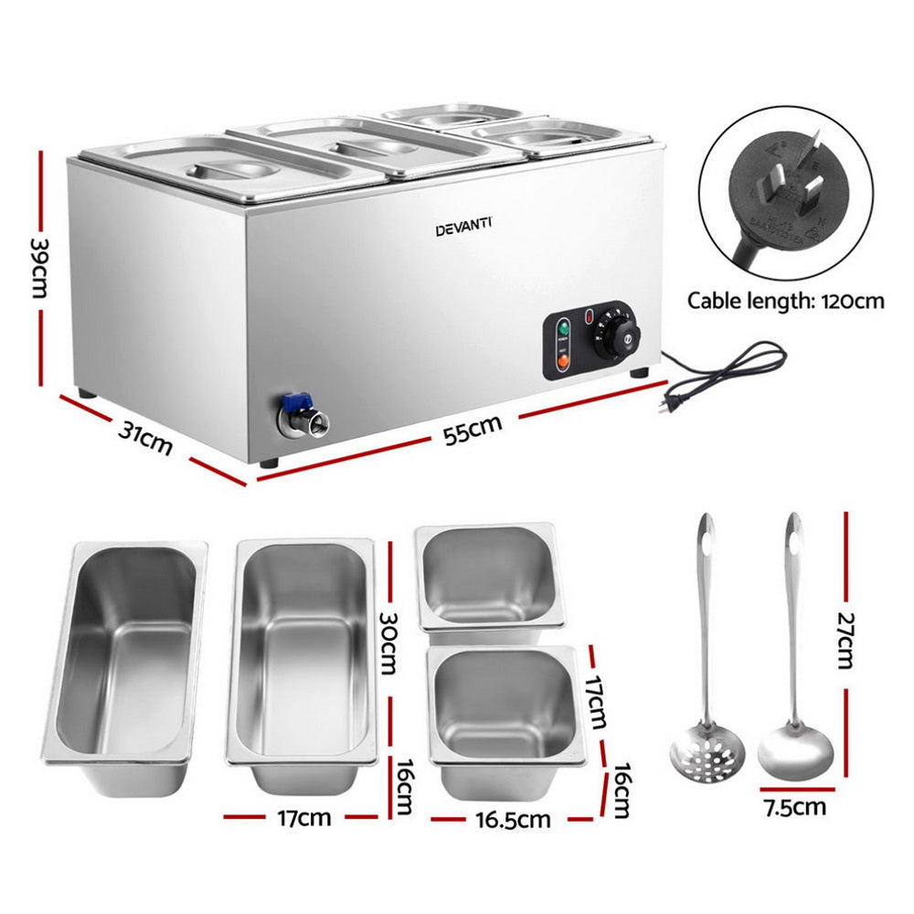 Stainless steel hot pot with dimensions, cable length, and additional kitchen tools shown.