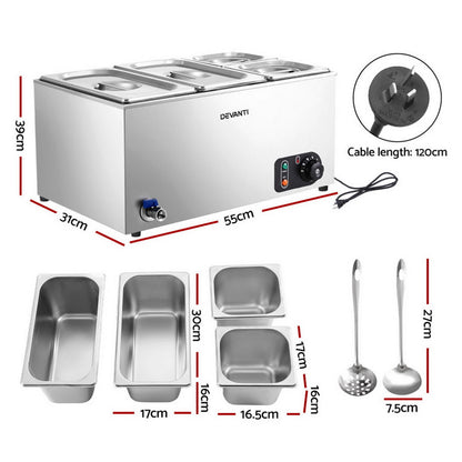 Stainless steel hot pot with dimensions, cable length, and additional kitchen tools shown.