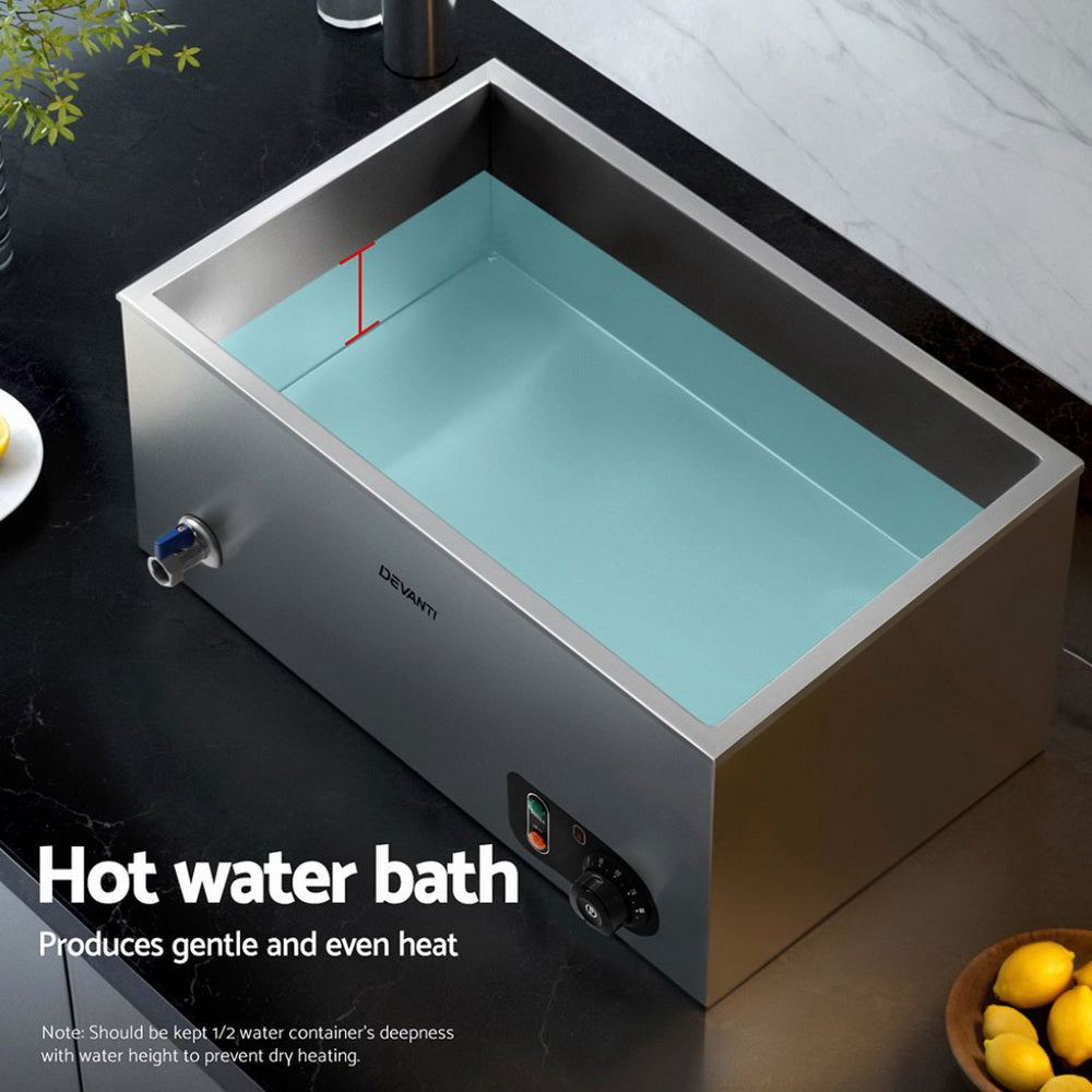 Hot water bath with blue water on a dark surface, featuring the brand 'Devanti'.