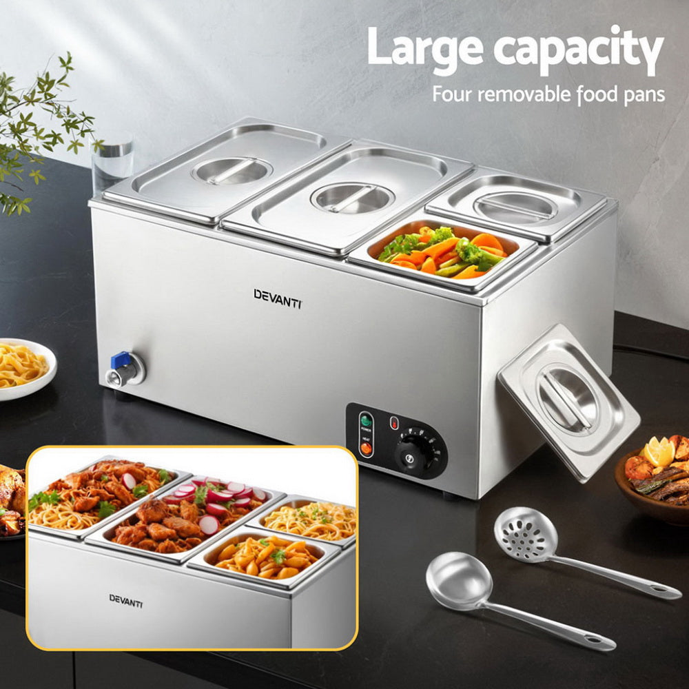 Devanti buffet server with four removable food pans on a dark surface, showing food and serving utensils.