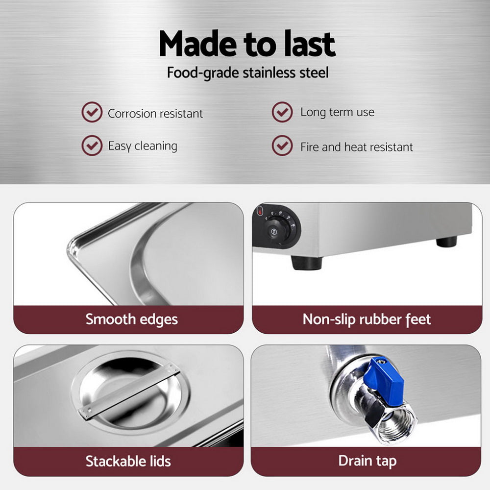 Stainless steel product with features listed on a gray background