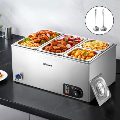Devanti buffet warmer with three compartments filled with different dishes on a kitchen counter.