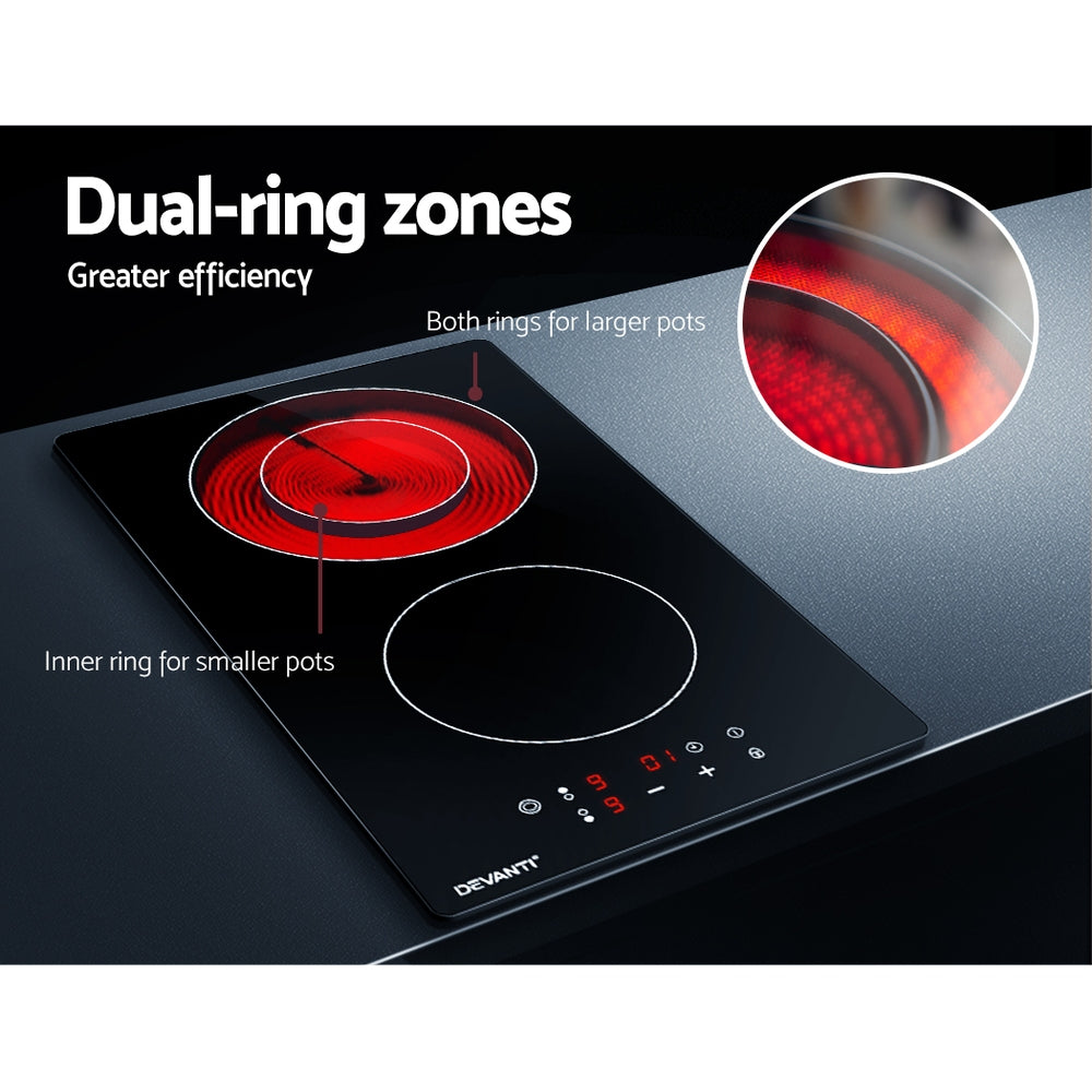 Close-up of dual-ring cooking zone on the Devanti electric ceramic cooktop for versatile heating