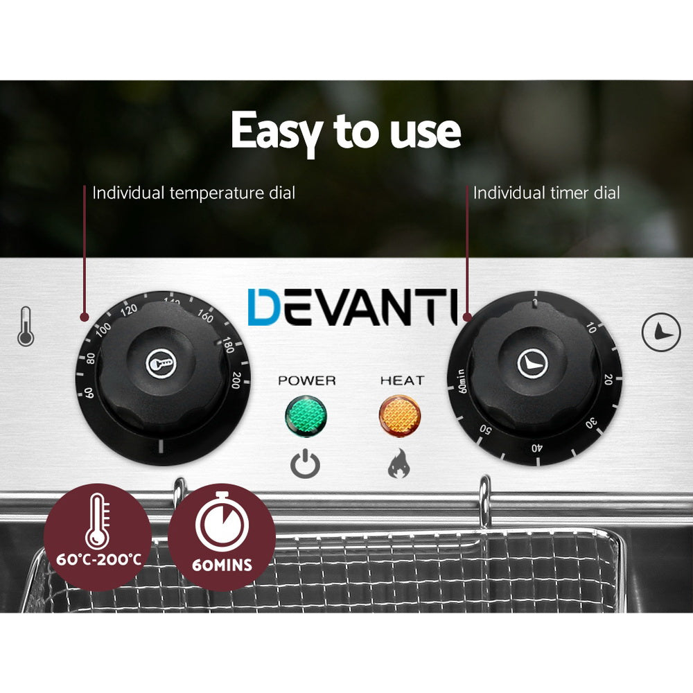 Dual control knobs on the Devanti fryer for separate temperature and time settings