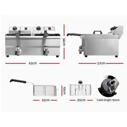 Two 10L stainless steel baskets with heat-resistant handles displayed in the Devanti 20L commercial deep fryer.