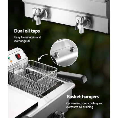 Side-mounted oil drainage tap for hassle-free oil removal in the Devanti 6000W deep fryer.