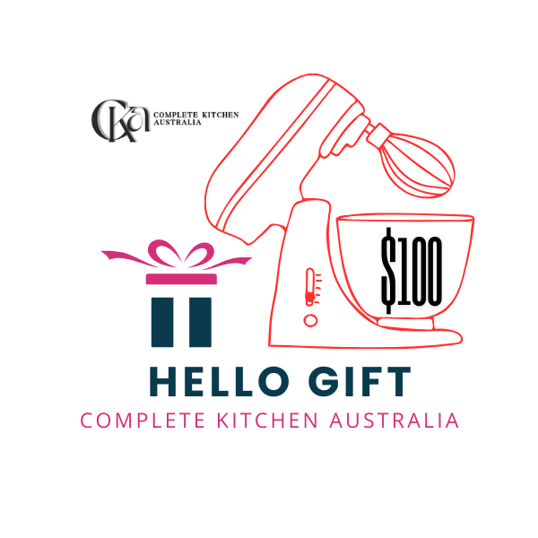 Promotional graphic for Complete Kitchen Australia's 'Hello Gift' with a mixer and gift box illustration.