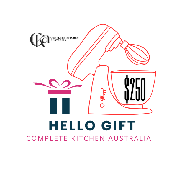 Illustration of a kitchen mixer with a gift box and 'Hello Gift' text, featuring Complete Kitchen Australia branding.
