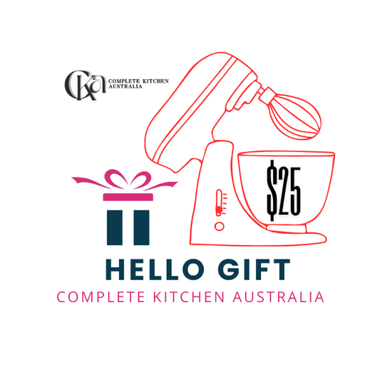 Promotional graphic for Complete Kitchen Australia's 'Hello Gift' with a mixer and gift box illustration.