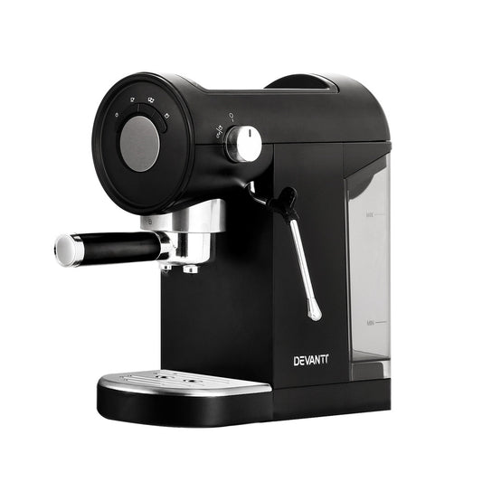 Black espresso machine with silver accents on a white background