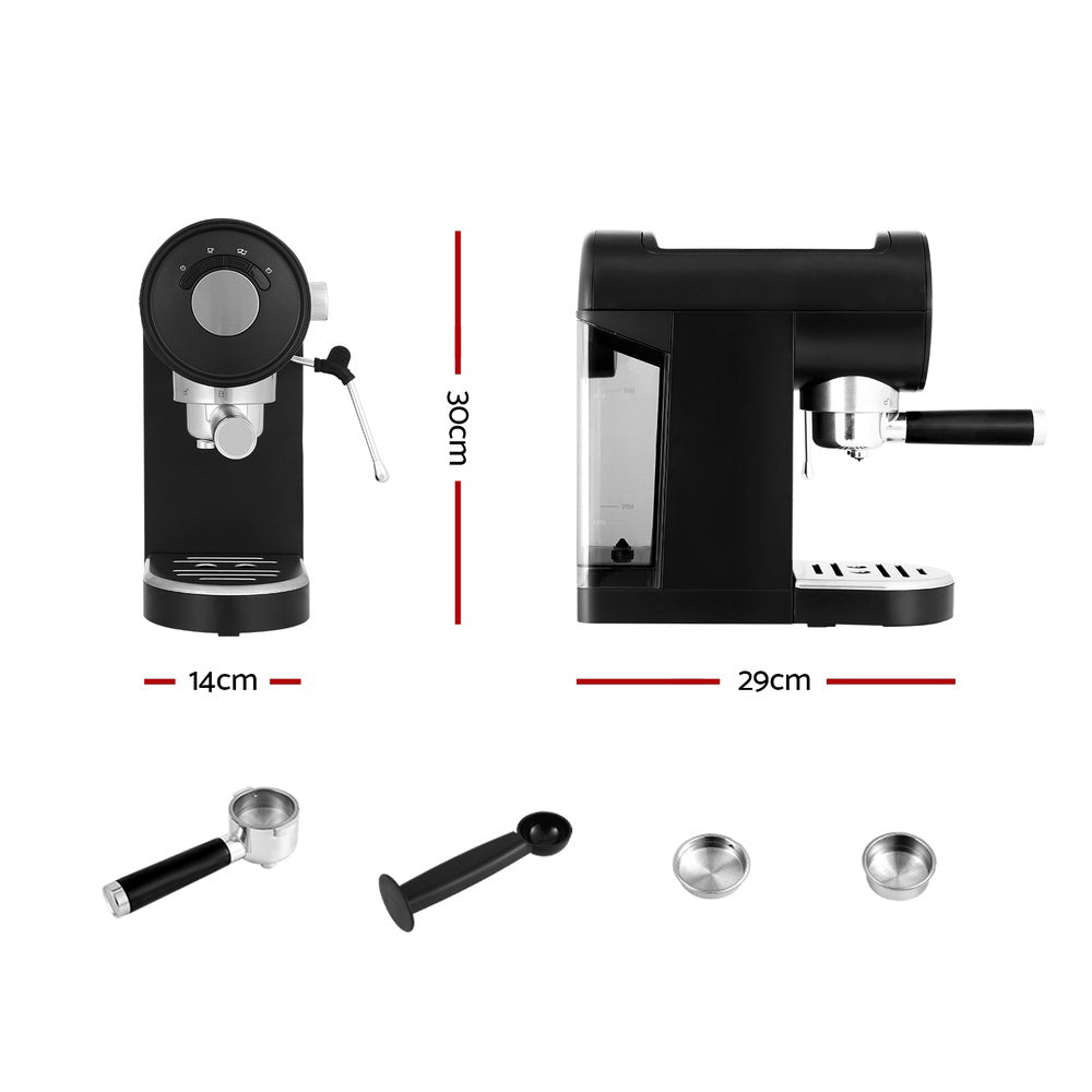 Black espresso machine with dimensions and accessories on a white background