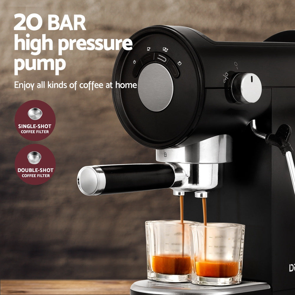 Espresso machine with 20 bar high pressure pump dispensing coffee into two glasses.