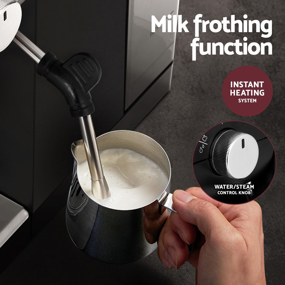 Milk frothing function with a hand holding a milk frother and text indicating 'Instant heating system' and 'Water/steam control knob'.