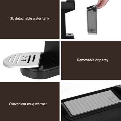 Collage of features including a detachable water tank, removable drip tray, and convenient mug warmer on a dark background.
