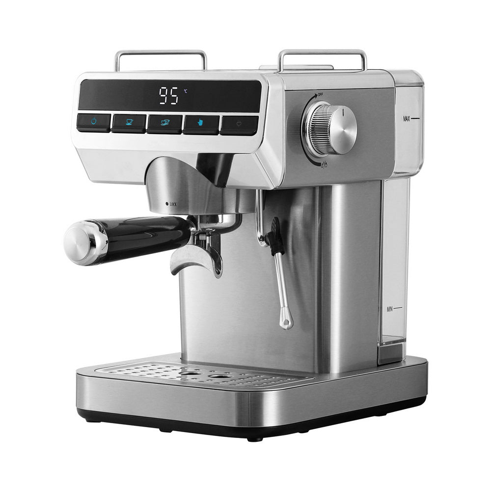 Stainless steel espresso machine with digital display on a white background