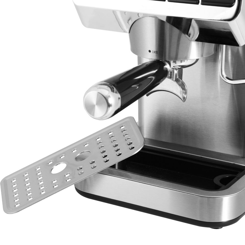 Stainless steel espresso machine with a clear view of the brewing mechanism.
