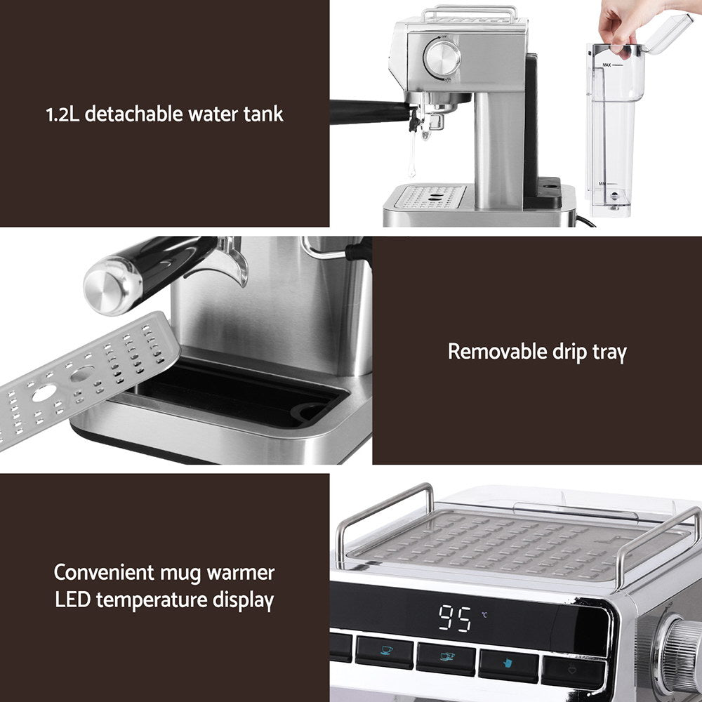 Coffee machine with detachable water tank, removable drip tray, and mug warmer features.