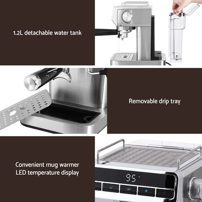 Coffee machine with detachable water tank, removable drip tray, and mug warmer features.