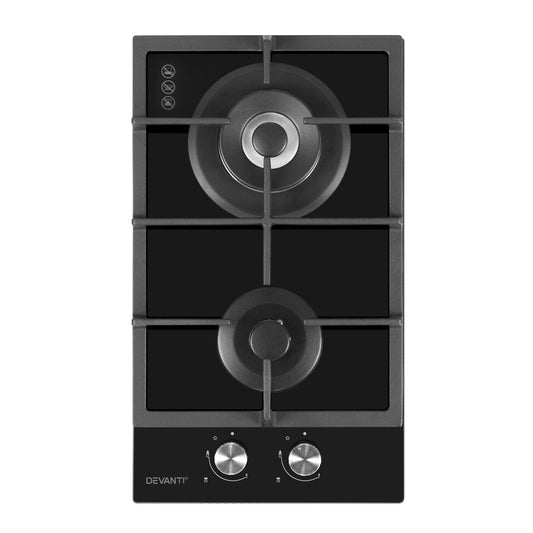Top view of Devanti 30cm gas cooktop with black tempered glass and 2 burners